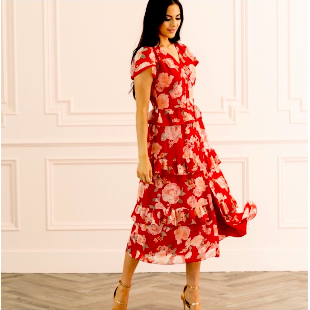 Rachel Parcell Red Floral Ruffle Dress